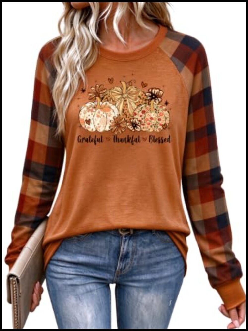 Women's Thankful Grateful Blessed Raglan Long Sleeve Pumpkin Graphic Tee